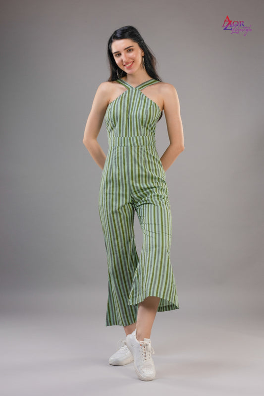 Women green halter neck jumpsuit