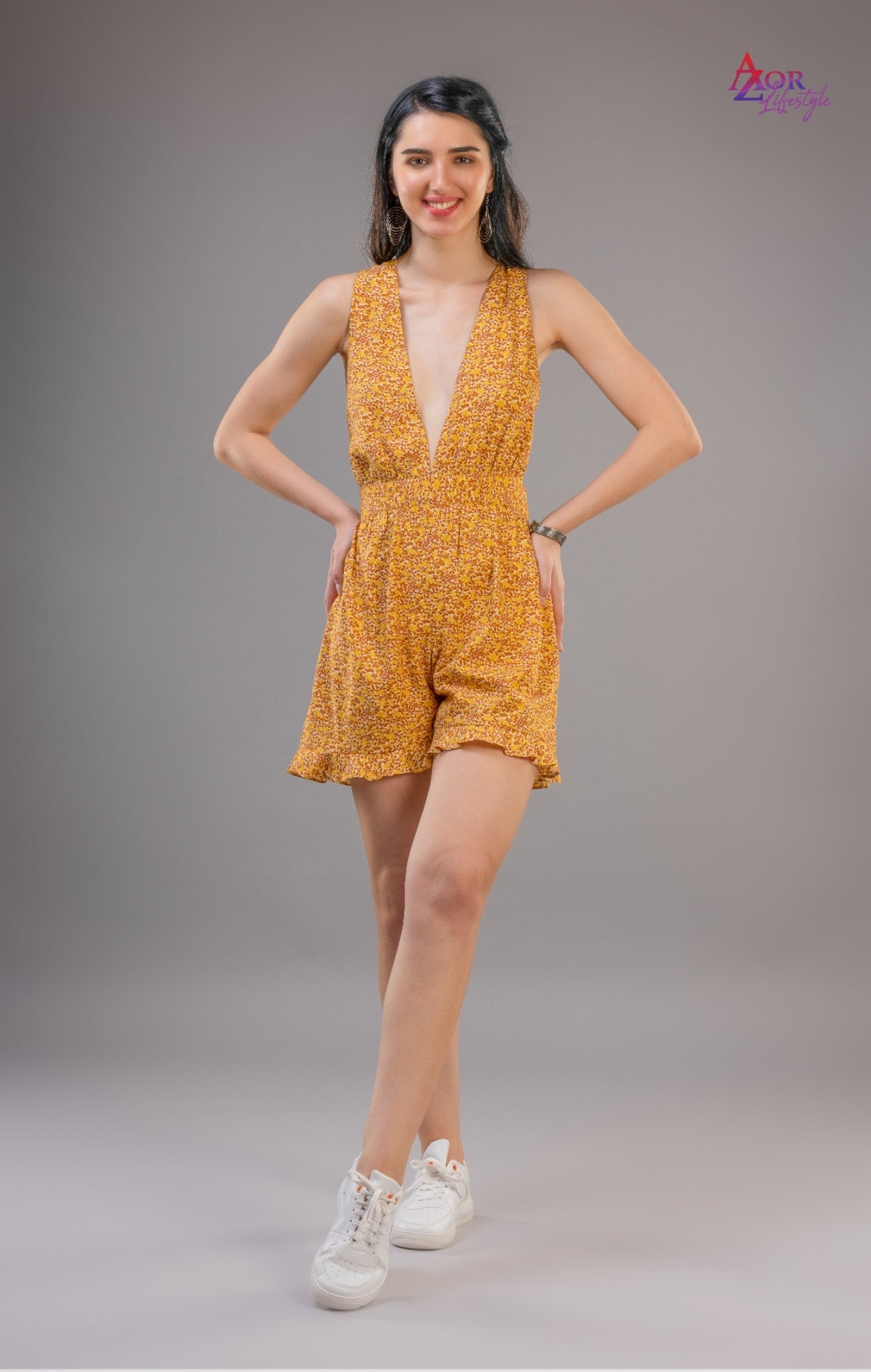 Women yellow brown cross back romper