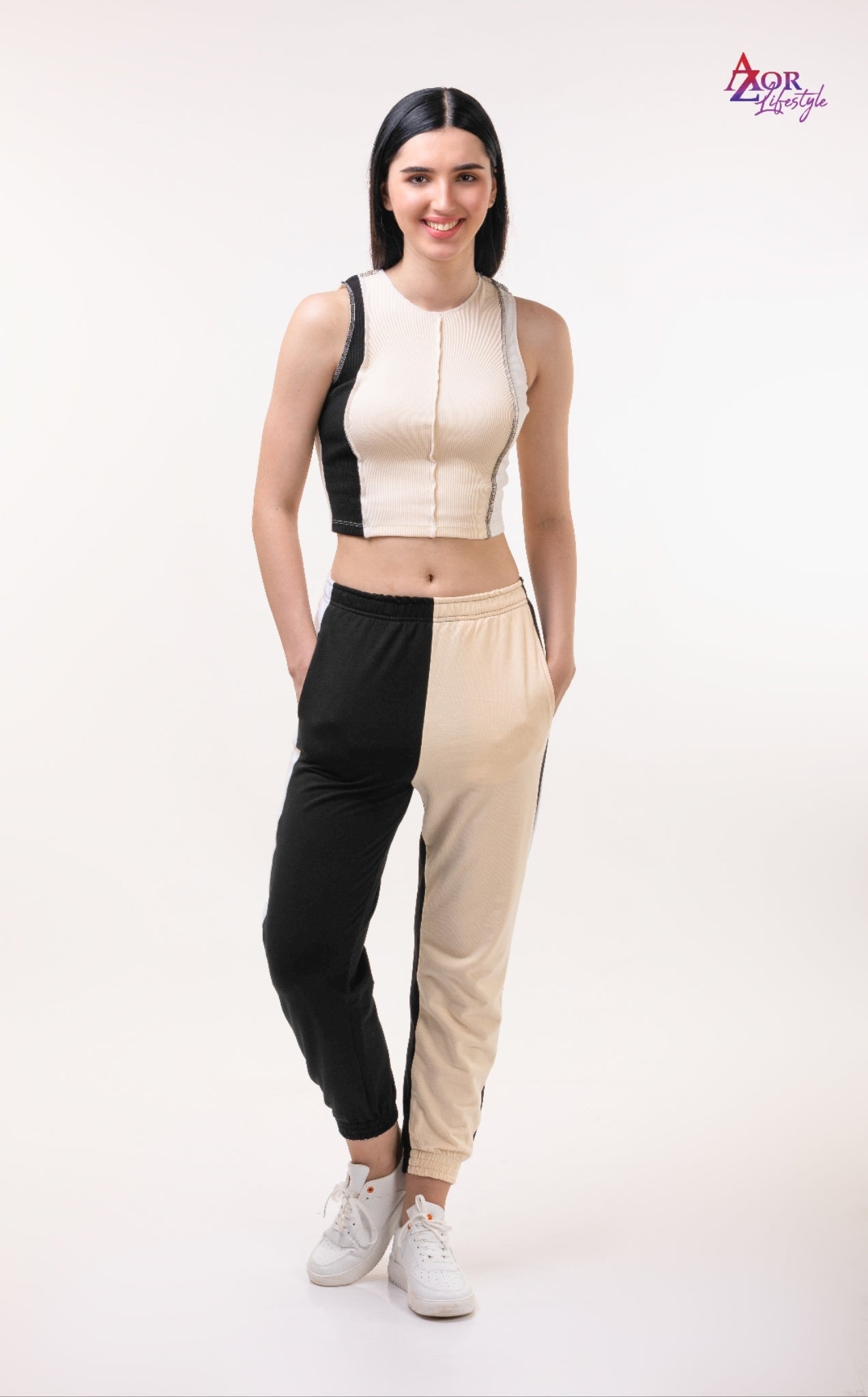 Women beige and black co-ord set