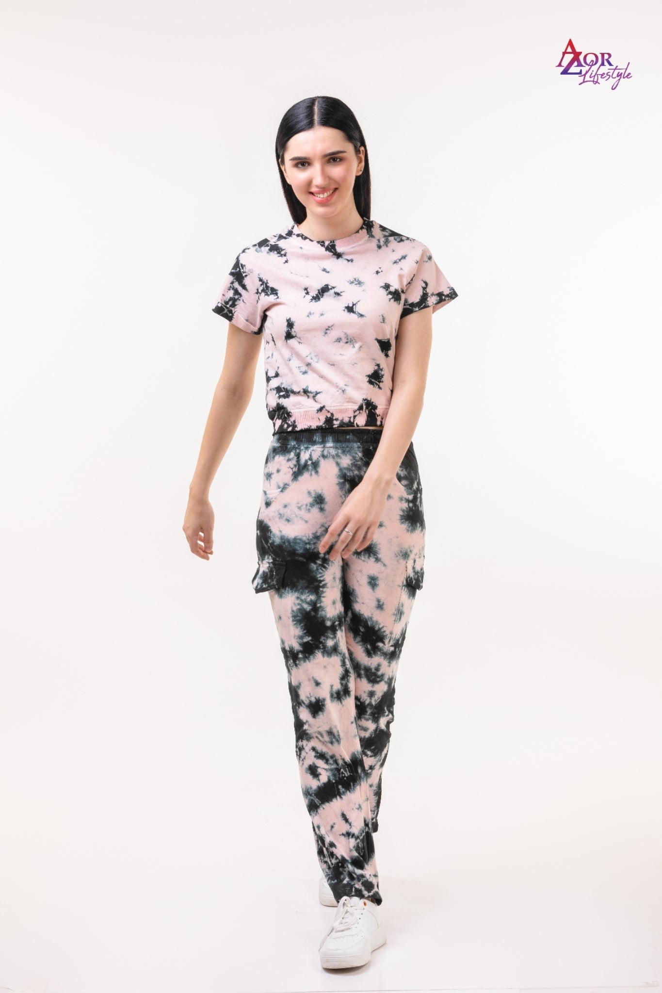 Women peach and black tie & dye co-ord set