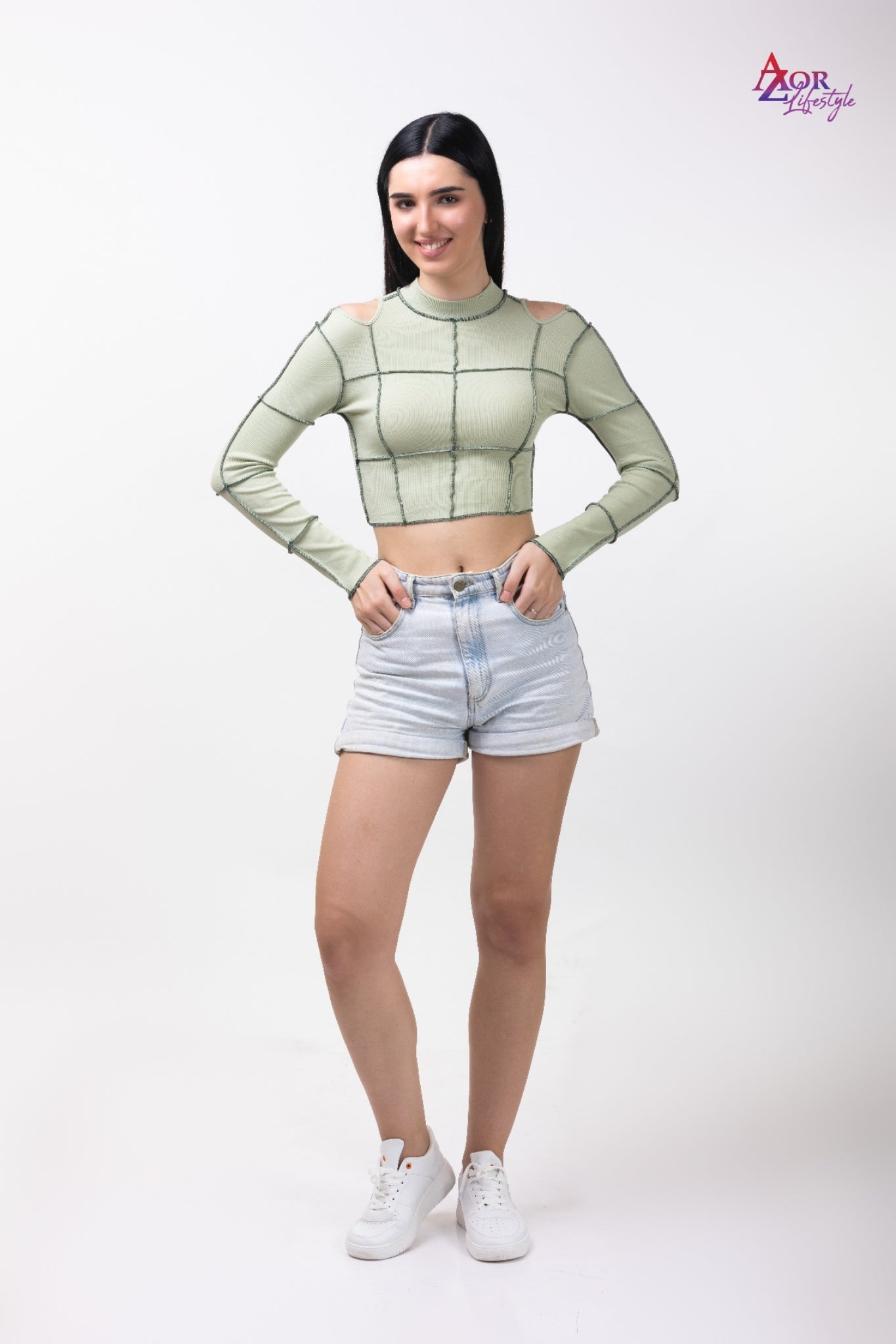 Women green stitch cut-out crop top