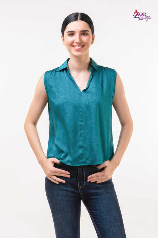 Women turquoise blue V-neck top