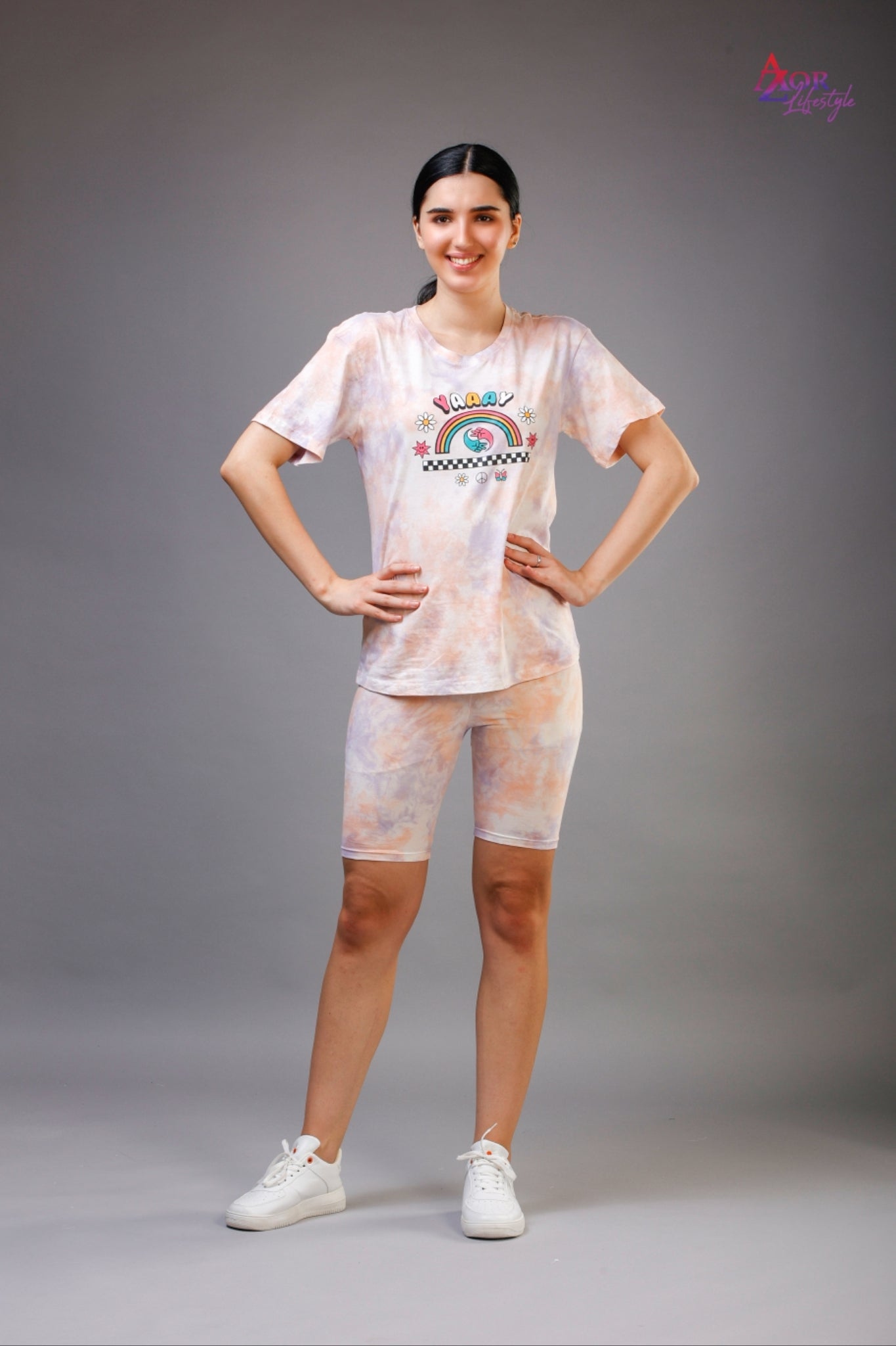 Women peach and white cotton dyed co-ord set