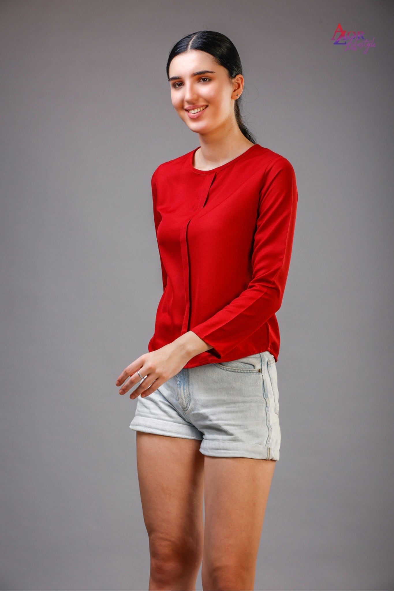 Women red round neck top