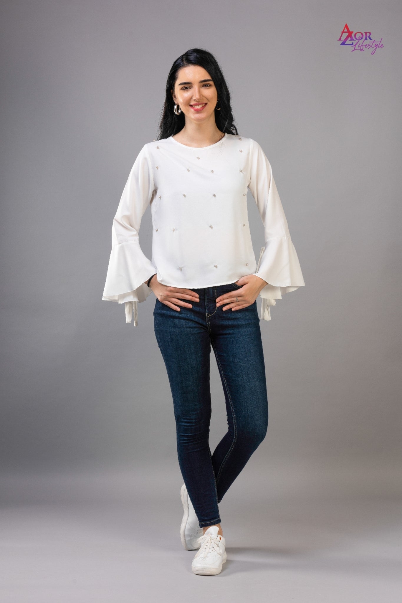 Women white full flared sleeve top