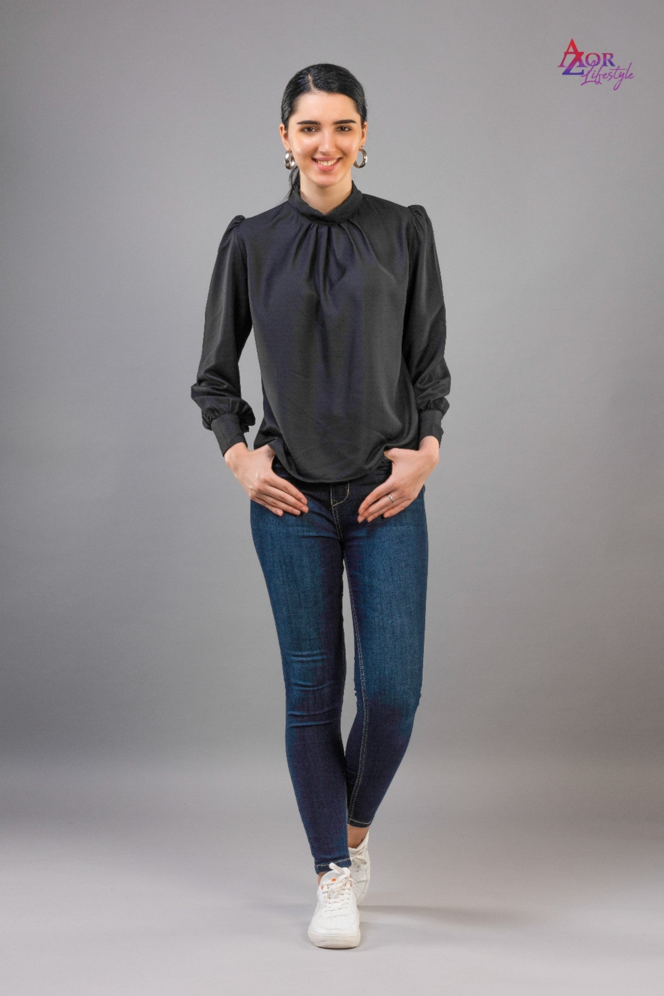 Women black closed neck top