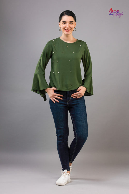 Women green full flared sleeve top