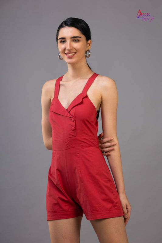 Women red styled neck romper