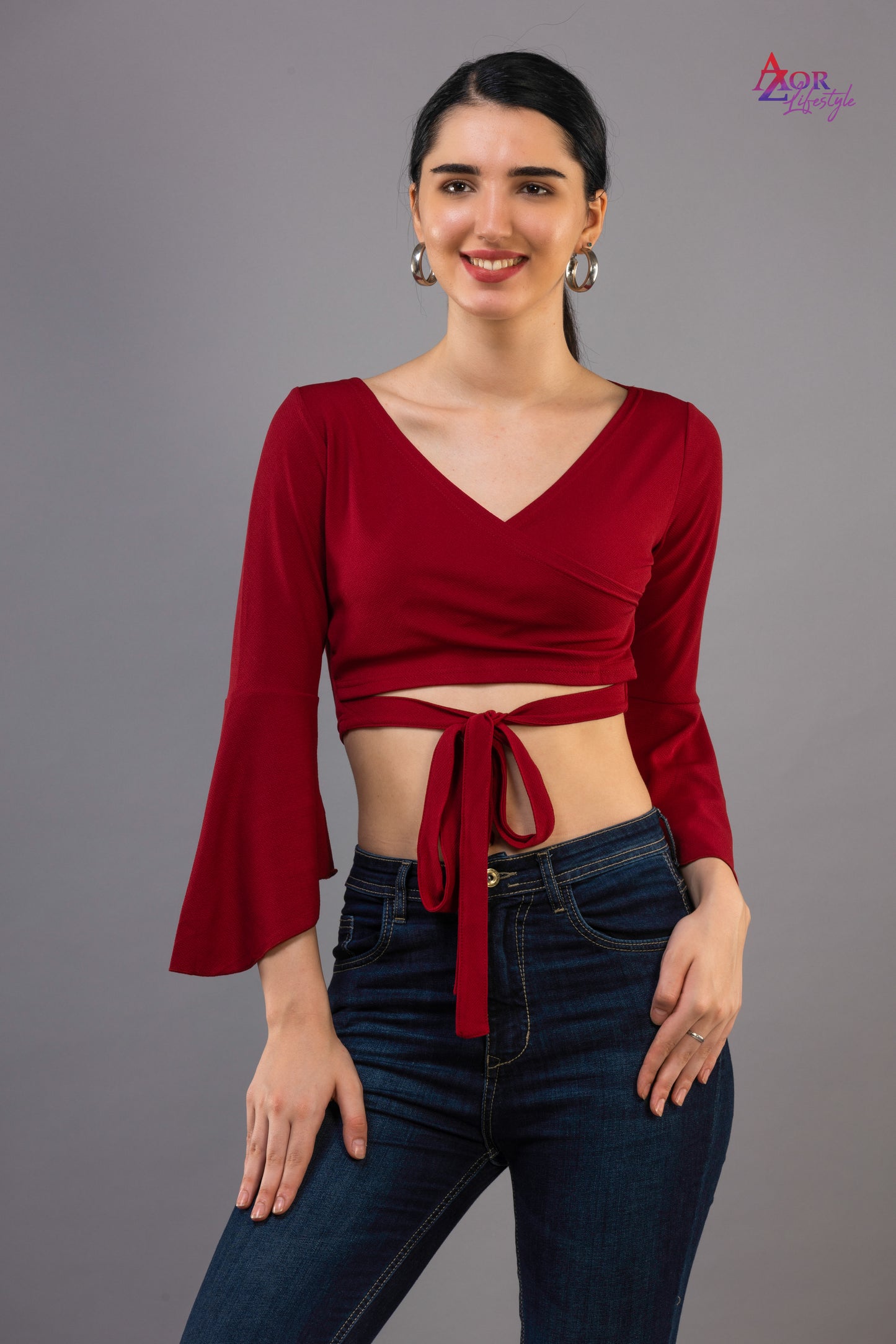 Women maroon full sleeve crop-top