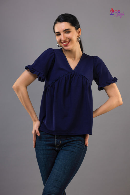 Women blue V-neck top