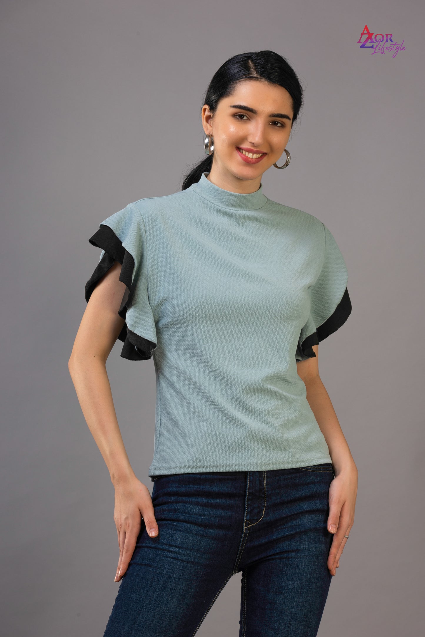 Women turquoise blue flared sleeve top