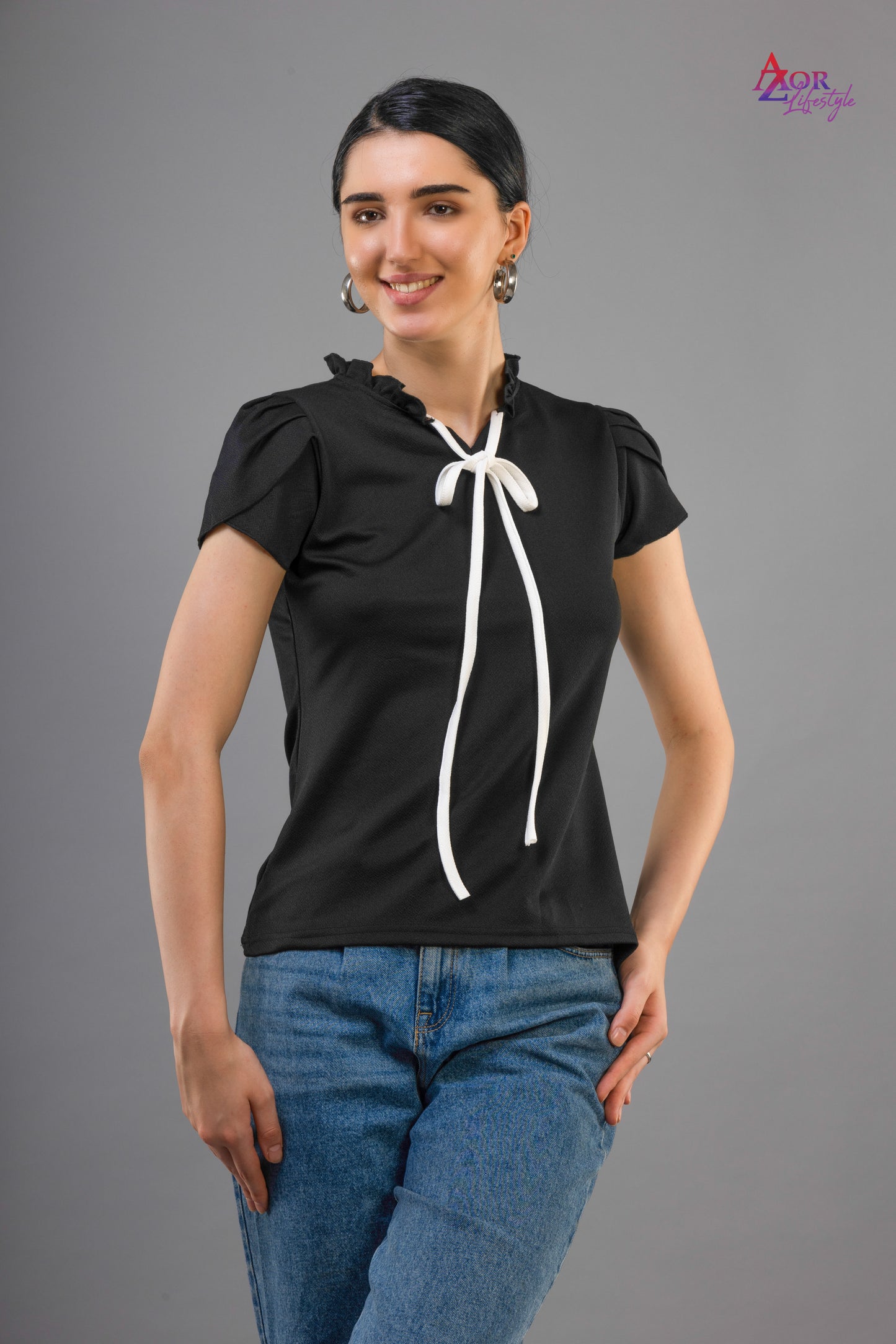 Women black top with tie