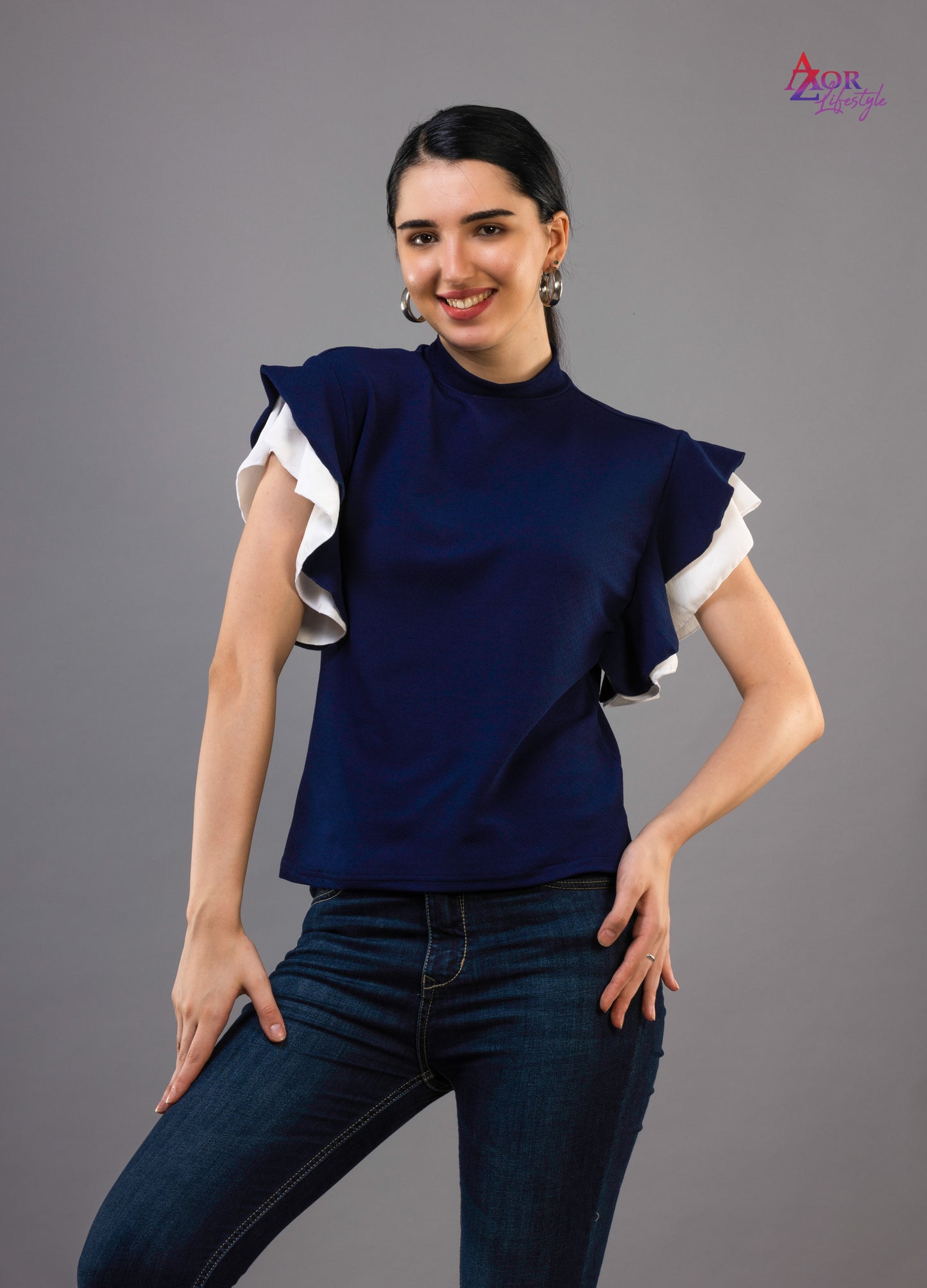 Women navy blue flared sleeve top