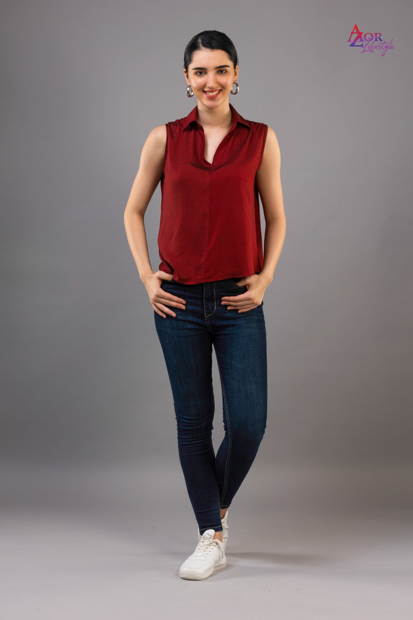 Women maroon V-neck top