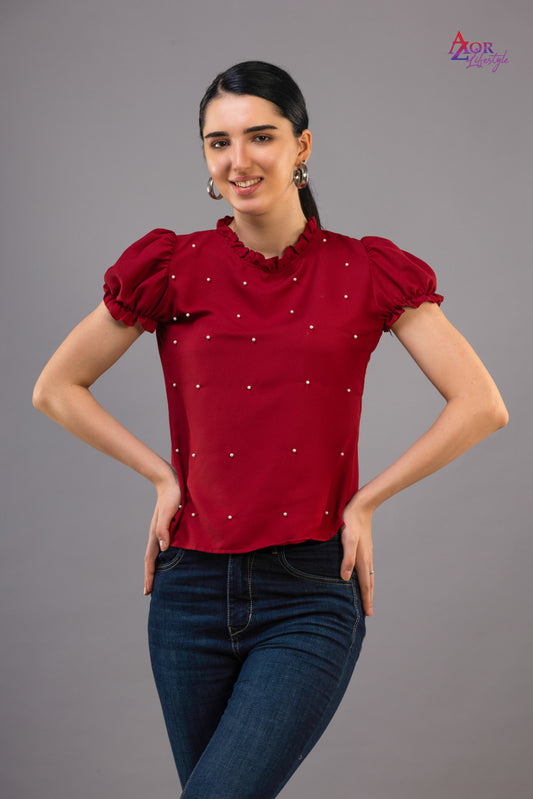 Women maroon closed neck top